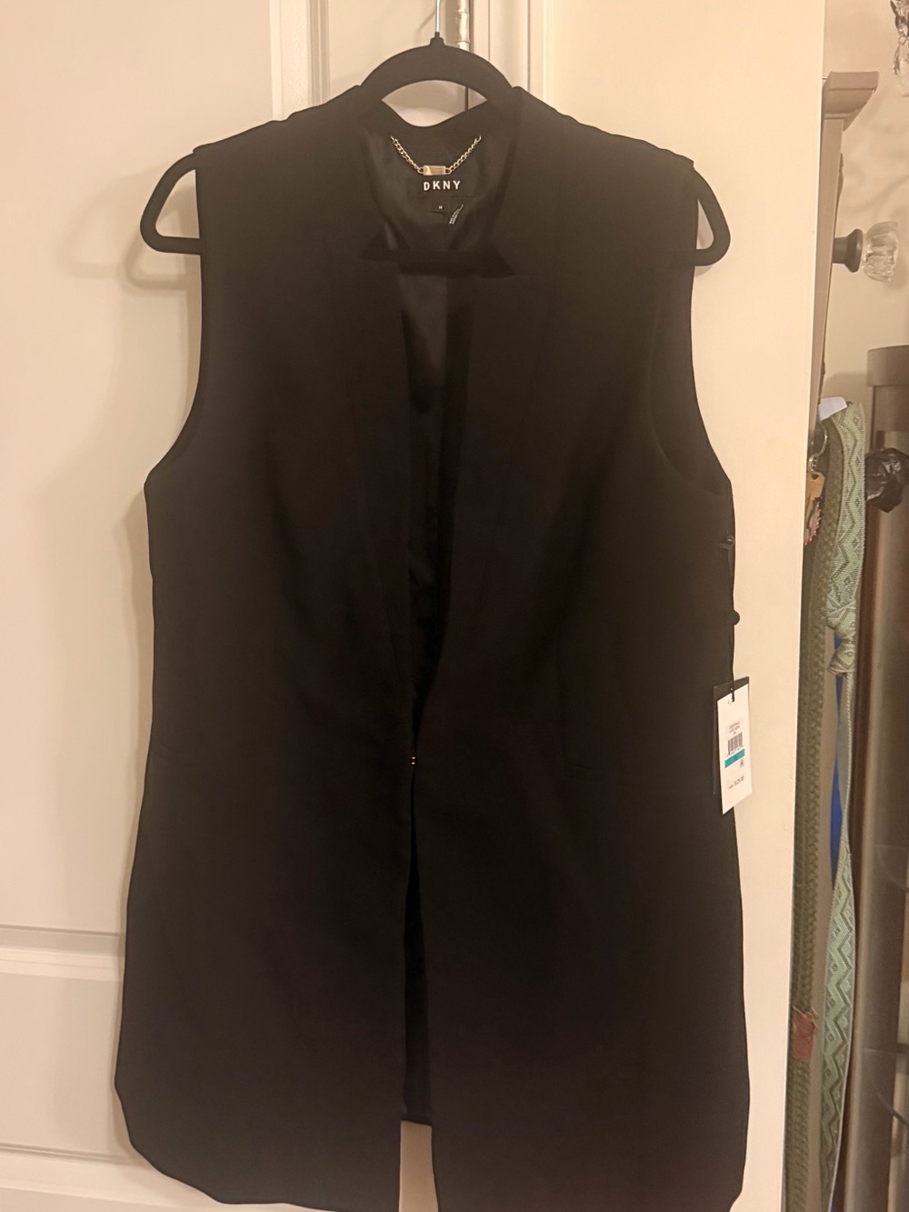 DKNY Black Sleeveless Open-Front Vest with Gold Chain Detail